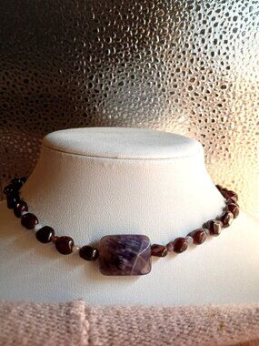 Boho Garnet and Amethyst Collar Necklace 15.5 Inches